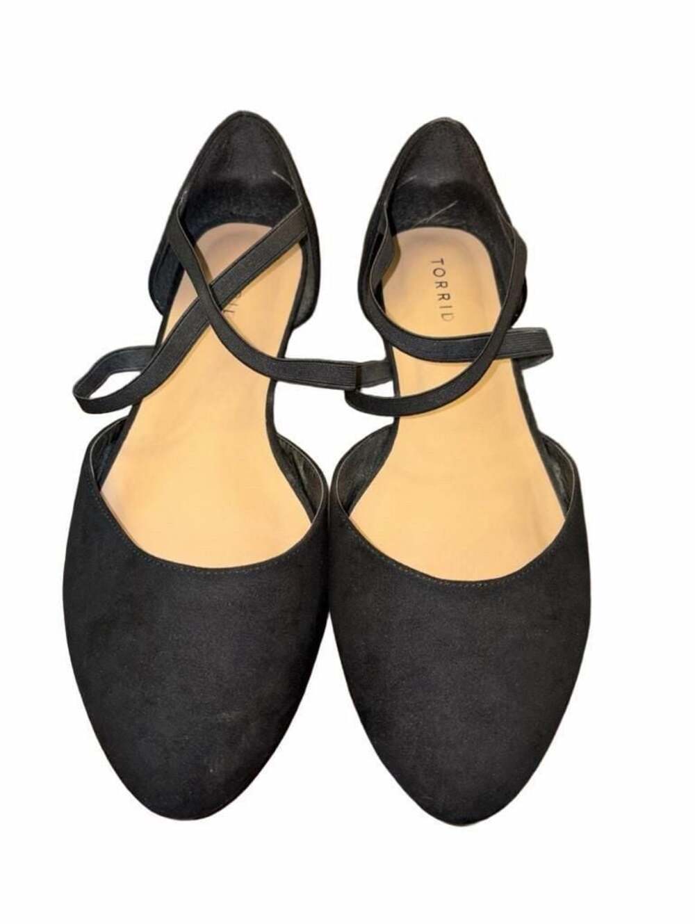 Torrid Black Faux Suede Elastic Crisscross Strap Flat WW Size 11.5